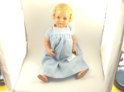 16'' ALL CELLULOID CIRCA 30S BLONDE GIRLY GIRL DOLL, BLUE DRESS
